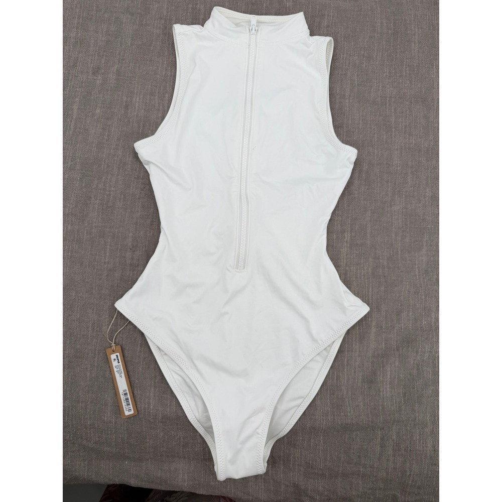 SKIMS Recycled Swim Zip Front Sleeveless One Piece Swimsuit XS Snow White NWT